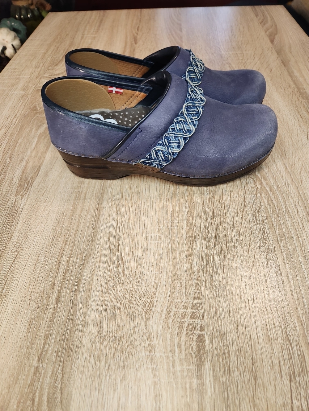 Sanita Blue Leather Braided Strap Slip-On Clogs